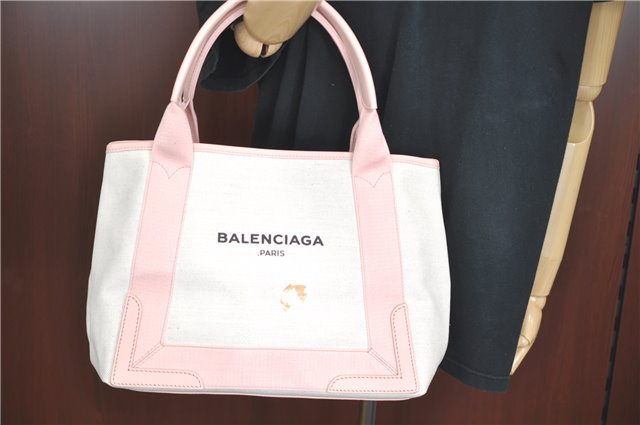 Authentic BALENCIAGA Navy Caba S Hand Bag Canvas Leather 339933 White Pink 0256B