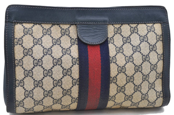 Authentic GUCCI Sherry Line Clutch Bag Purse GG PVC Leather Navy 0265D