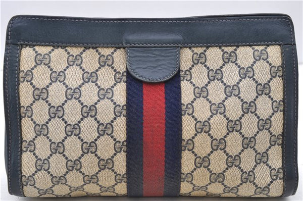 Authentic GUCCI Sherry Line Clutch Bag Purse GG PVC Leather Navy 0265D