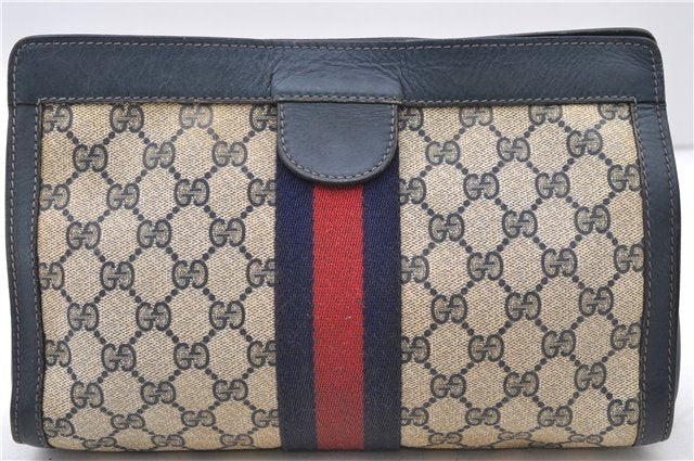 Authentic GUCCI Sherry Line Clutch Bag Purse GG PVC Leather Navy 0265D