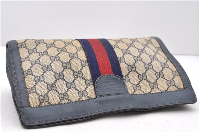 Authentic GUCCI Sherry Line Clutch Bag Purse GG PVC Leather Navy 0265D