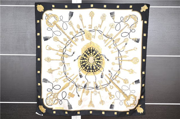 Authentic HERMES Carre 90 Scarf ""LES CLES"" Silk Black 0267G