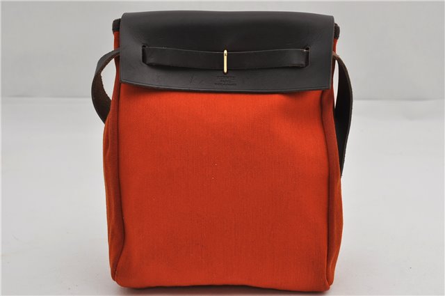 Auth HERMES Her Bag TPM 2 In 1 2Way Shoulder Bag Canvas Leather Orange 0270F