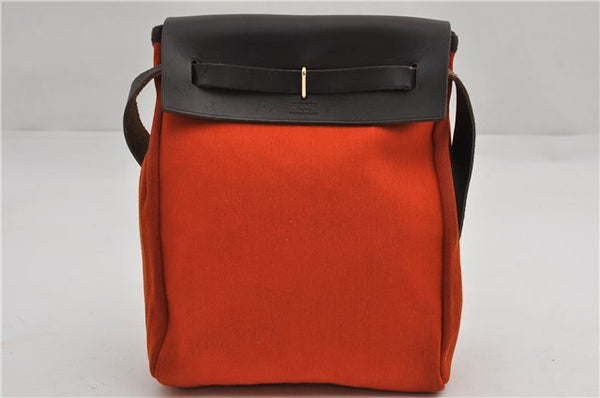 Auth HERMES Her Bag TPM 2 In 1 2Way Shoulder Bag Canvas Leather Orange 0270F