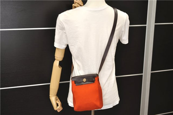 Auth HERMES Her Bag TPM 2 In 1 2Way Shoulder Bag Canvas Leather Orange 0270F