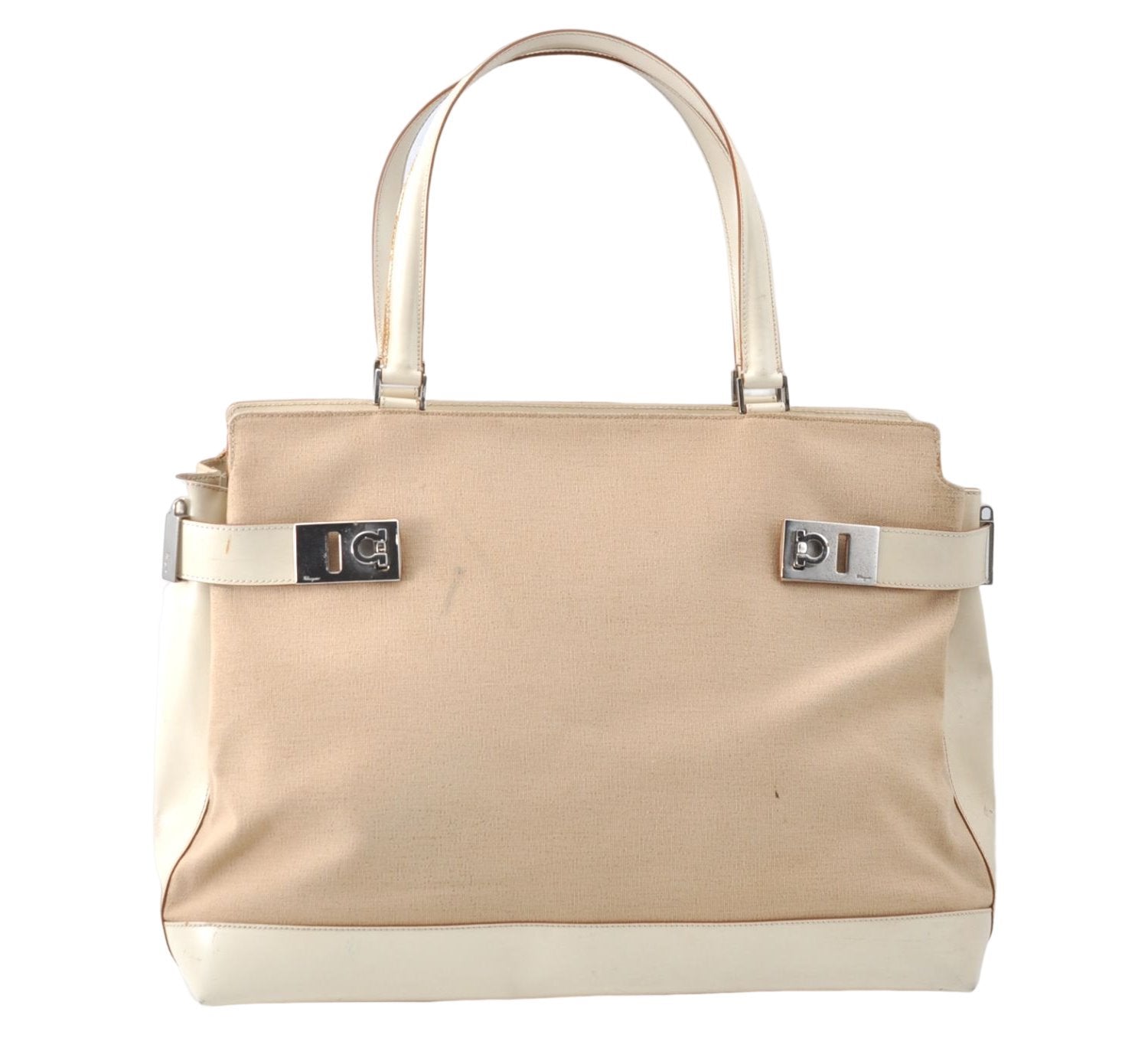 Auth Ferragamo Gancini Canvas Leather Shoulder Tote Bag Purse Beige Ivory 0278E