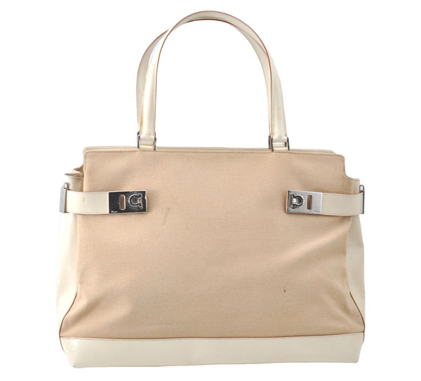 Auth Ferragamo Gancini Canvas Leather Shoulder Tote Bag Purse Beige Ivory 0278E