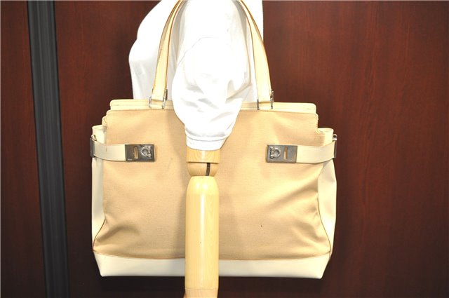 Auth Ferragamo Gancini Canvas Leather Shoulder Tote Bag Purse Beige Ivory 0278E