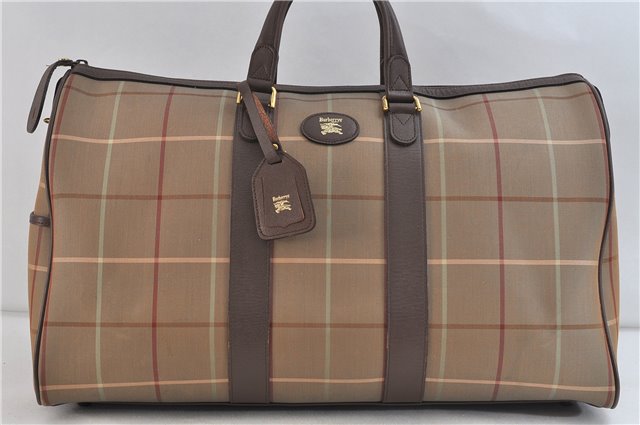 Authentic Burberrys Vintage Check Canvas Travel Boston Bag Khaki Brown 0283D