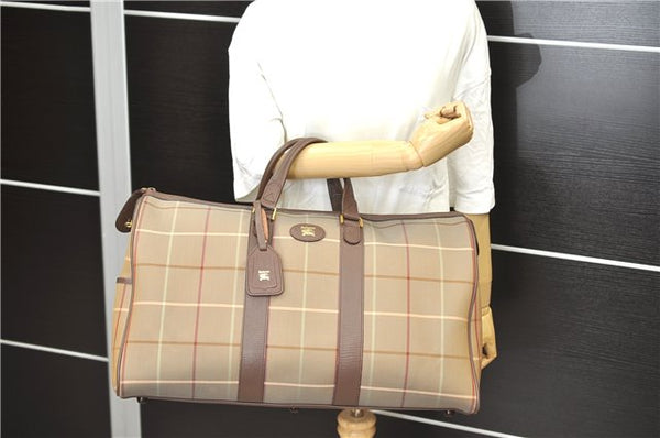 Authentic Burberrys Vintage Check Canvas Travel Boston Bag Khaki Brown 0283D