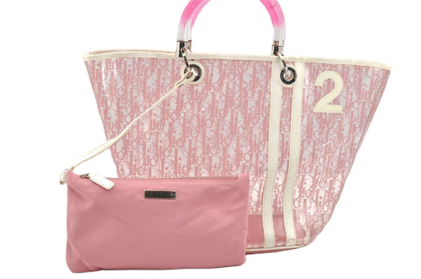 Authentic Christian Dior Trotter Hand Tote Bag Vinyl Leather Pink Clear 0285G