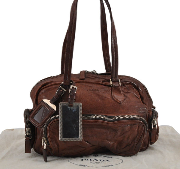 Authentic PRADA Vintage Leather Nappa Shoulder Hand Bag Purse Brown 0288G