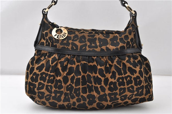 Authentic FENDI Chef Bag Shoulder Hand Bag Leopard Canvas Leather Brown 0290G