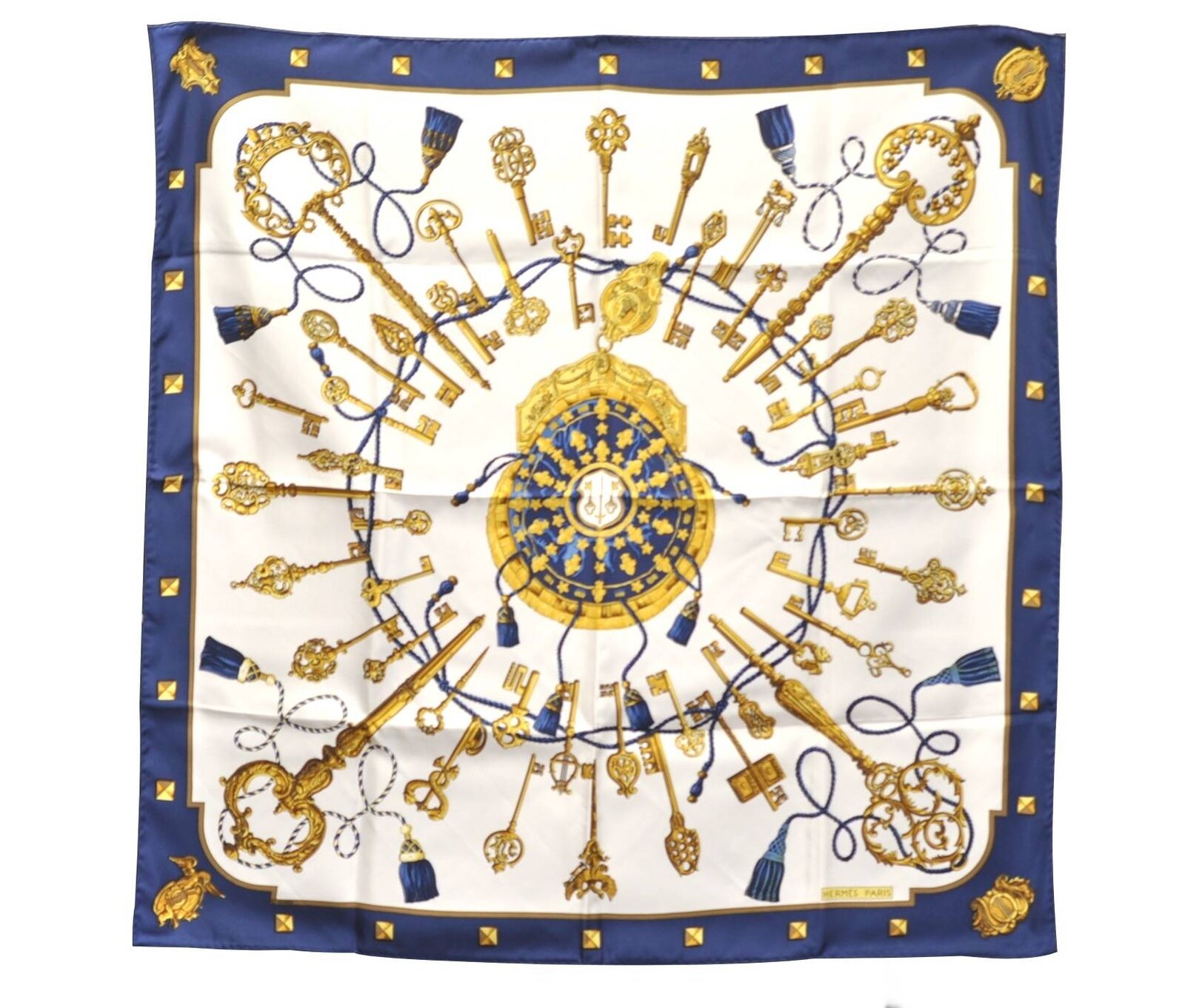 Authentic HERMES Carre 90 Scarf Key Tassel Motif Silk Blue Box 0293C