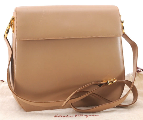 Authentic Salvatore Ferragamo Gancini Leather Shoulder Cross Bag Beige 0294F