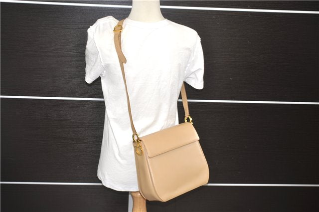 Authentic Salvatore Ferragamo Gancini Leather Shoulder Cross Bag Beige 0294F