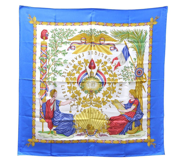 Auth HERMES Carre 90 Scarf "REPUBLIQUE FRANCAISE 1789" Silk Blue White 0295C