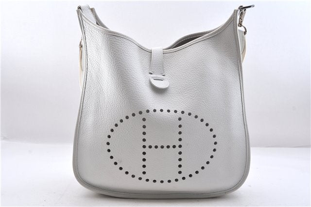 Authentic HERMES Evelyne GM Shoulder Cross Body Bag Leather White 0298F