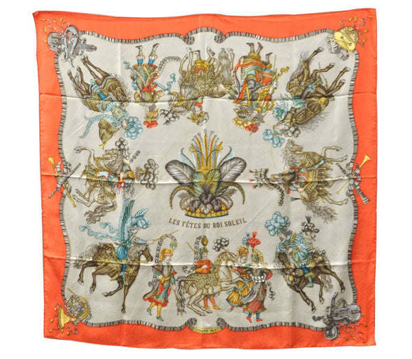 Authentic HERMES Carre 90 Scarf "LES FETES DU ROI SOLEIL" Silk Orange 0299C