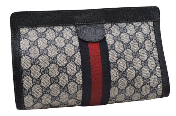 Authentic GUCCI Sherry Line Clutch Hand Bag GG PVC Leather Navy Blue Junk 0300G