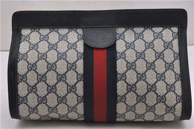 Authentic GUCCI Sherry Line Clutch Hand Bag GG PVC Leather Navy Blue Junk 0300G