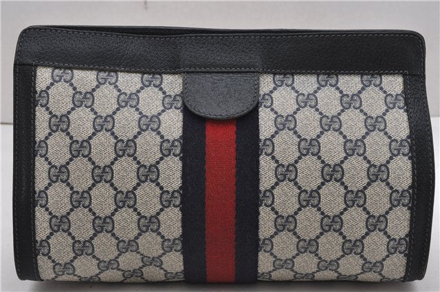 Authentic GUCCI Sherry Line Clutch Hand Bag GG PVC Leather Navy Blue Junk 0300G