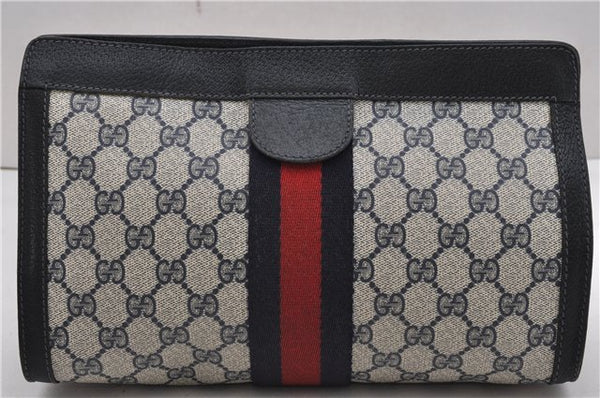 Authentic GUCCI Sherry Line Clutch Hand Bag GG PVC Leather Navy Blue Junk 0300G