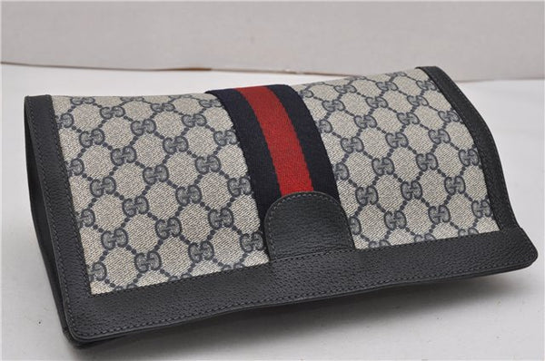 Authentic GUCCI Sherry Line Clutch Hand Bag GG PVC Leather Navy Blue Junk 0300G