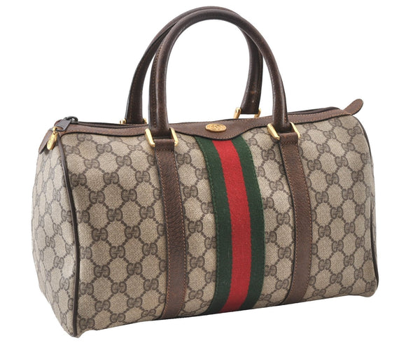 Authentic GUCCI Web Sherry Line Hand Boston Bag GG PVC Leather Brown Junk 0303G