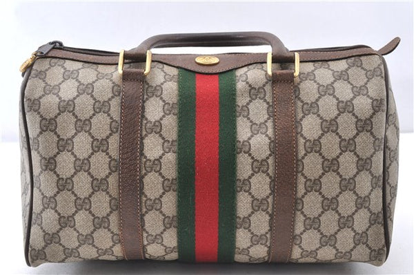 Authentic GUCCI Web Sherry Line Hand Boston Bag GG PVC Leather Brown Junk 0303G