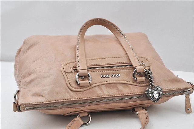 Authentic MIU MIU Heart Charm Leather 2Way Shoulder Tote Bag Beige 0305G