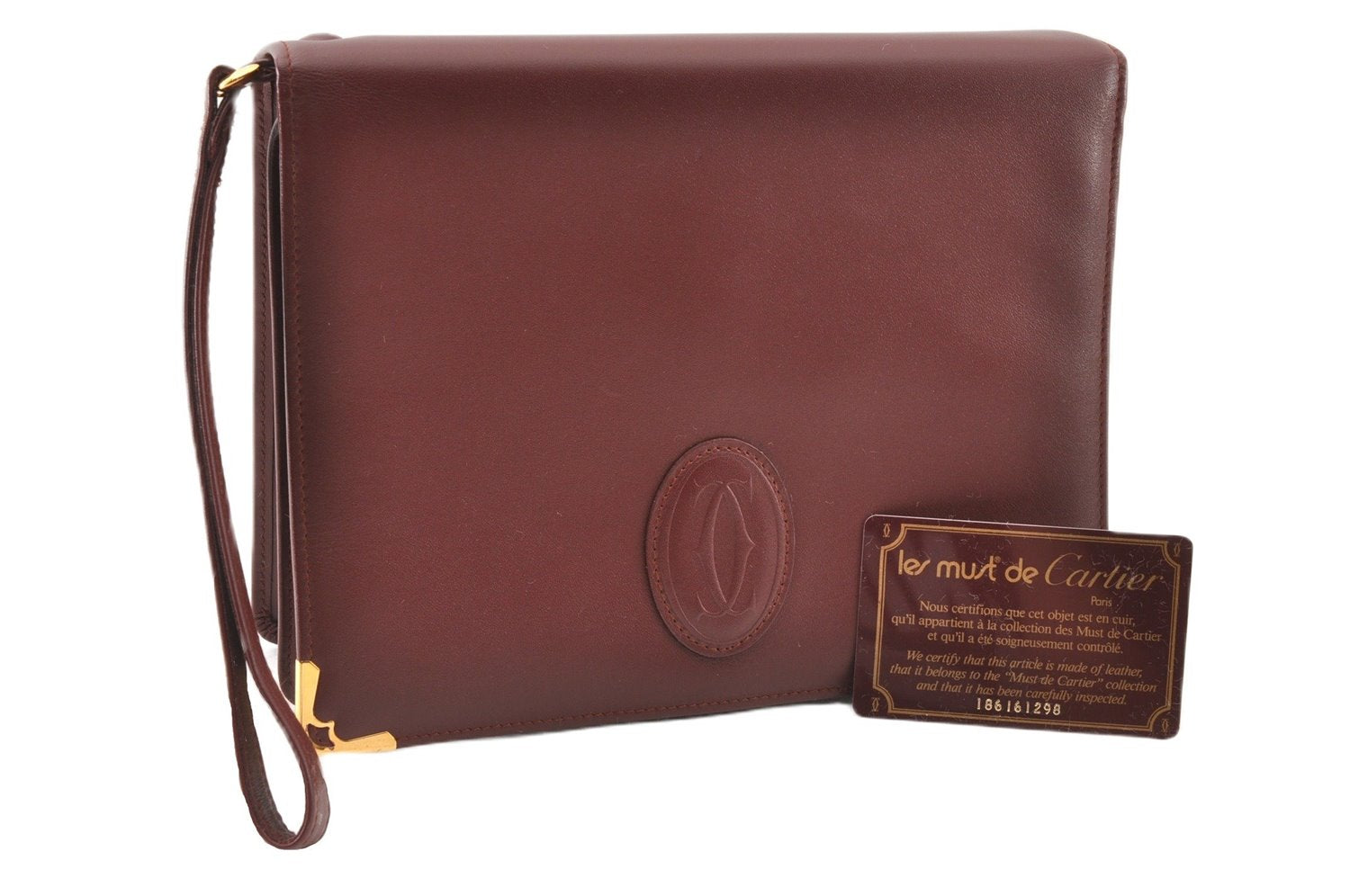 Authentic Cartier Must de Cartier Clutch Bag Purse Leather Bordeaux Red 0308G