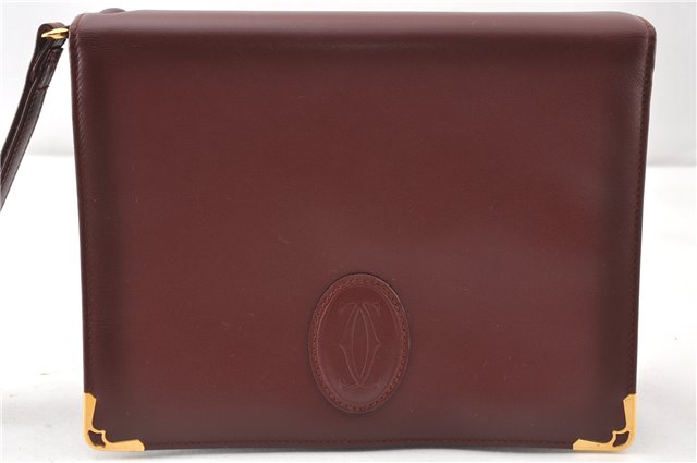 Authentic Cartier Must de Cartier Clutch Bag Purse Leather Bordeaux Red 0308G