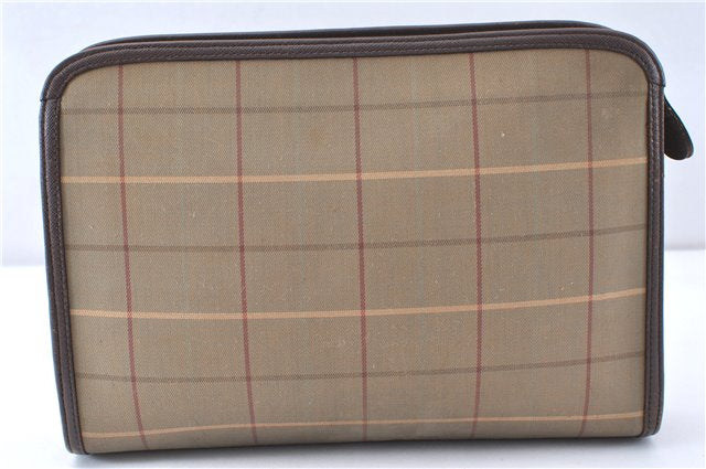 Authentic Burberrys Check Canvas Leather Clutch Hand Bag Purse Khaki 0318G