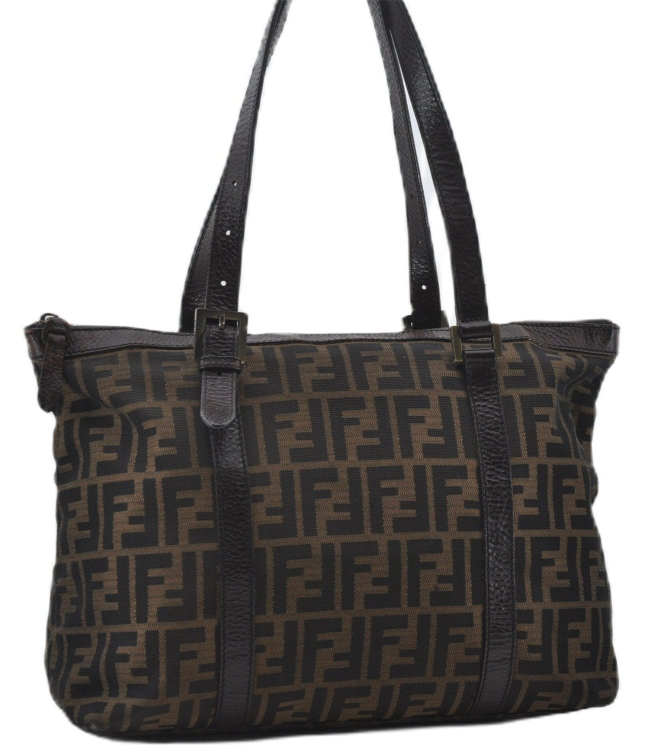 Authentic FENDI Zucca Vintage Shoulder Tote Bag Canvas Leather Brown 0323F