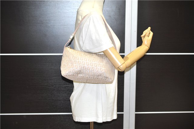 Authentic FENDI Zucchino Shoulder Bag Purse Canvas Leather Pink Beige 0326G