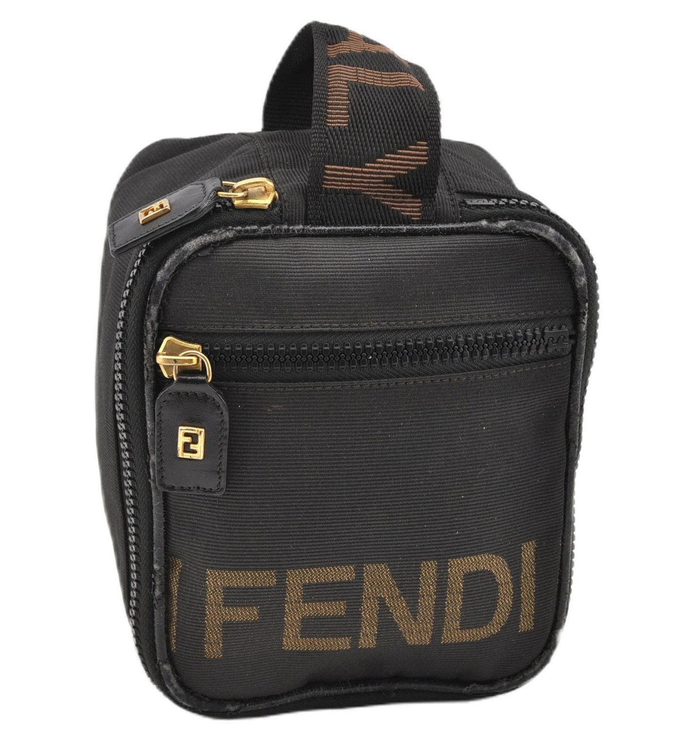 Authentic FENDI Vintage Vanity Hand Bag Purse Nylon Leather Black Junk 0334G