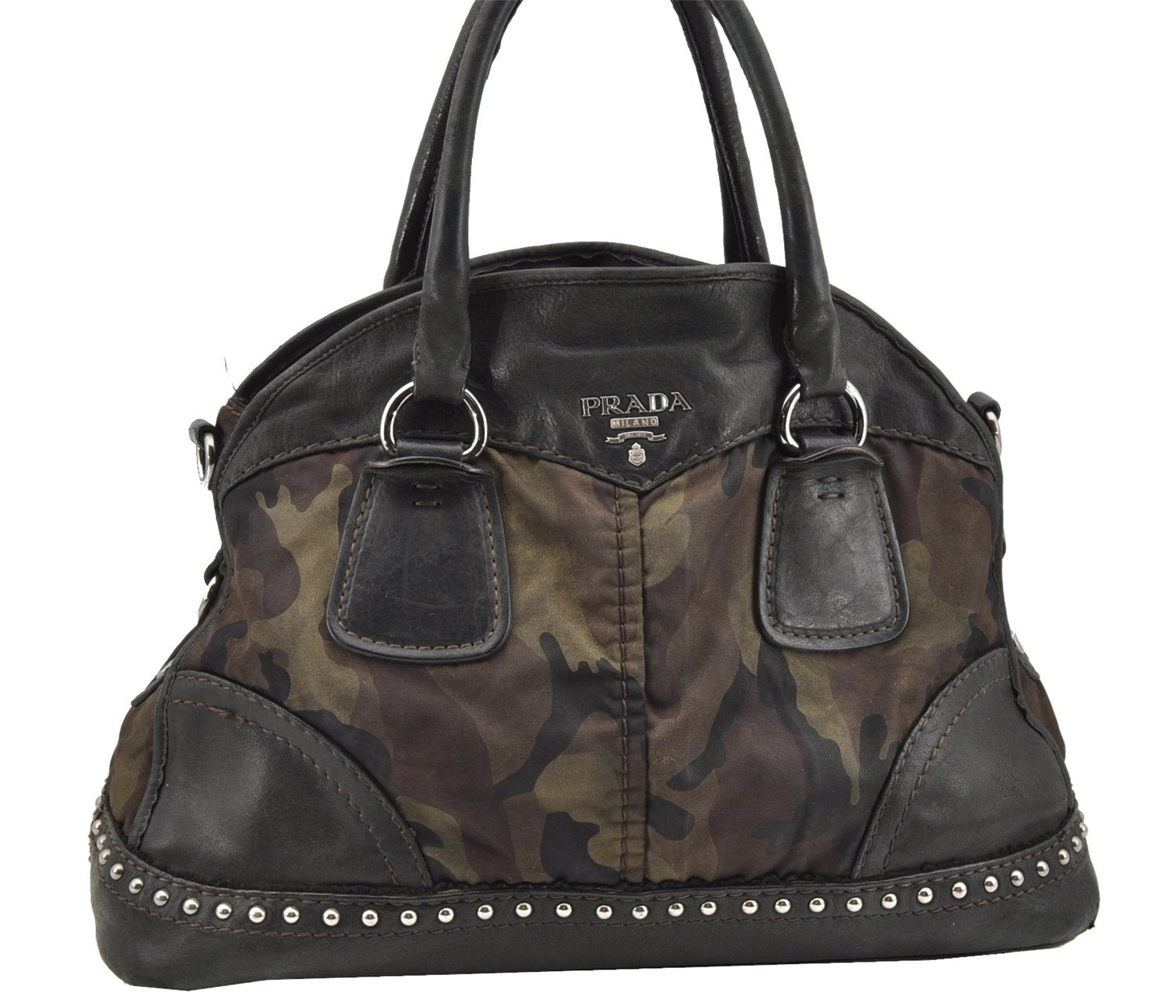 Authentic PRADA Nylon Tessuto Leather Studs 2Way Shoulder Tote Bag Green 0337G