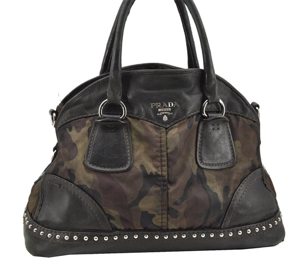 Authentic PRADA Nylon Tessuto Leather Studs 2Way Shoulder Tote Bag Green 0337G