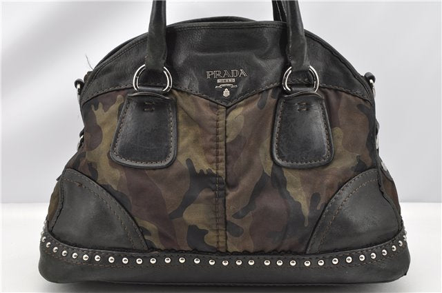 Authentic PRADA Nylon Tessuto Leather Studs 2Way Shoulder Tote Bag Green 0337G