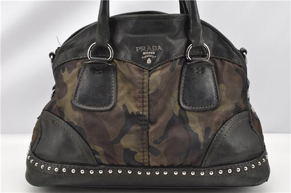 Authentic PRADA Nylon Tessuto Leather Studs 2Way Shoulder Tote Bag Green 0337G