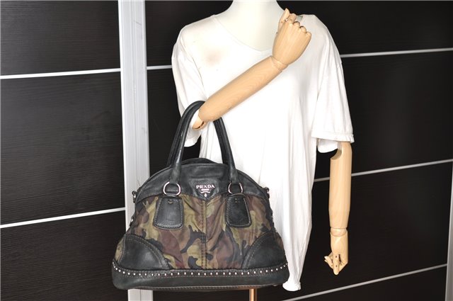 Authentic PRADA Nylon Tessuto Leather Studs 2Way Shoulder Tote Bag Green 0337G