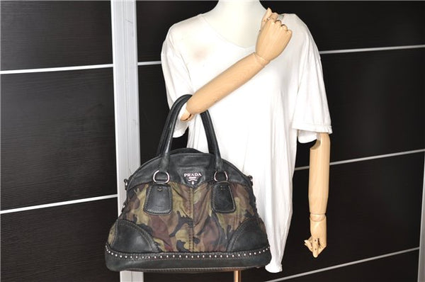 Authentic PRADA Nylon Tessuto Leather Studs 2Way Shoulder Tote Bag Green 0337G