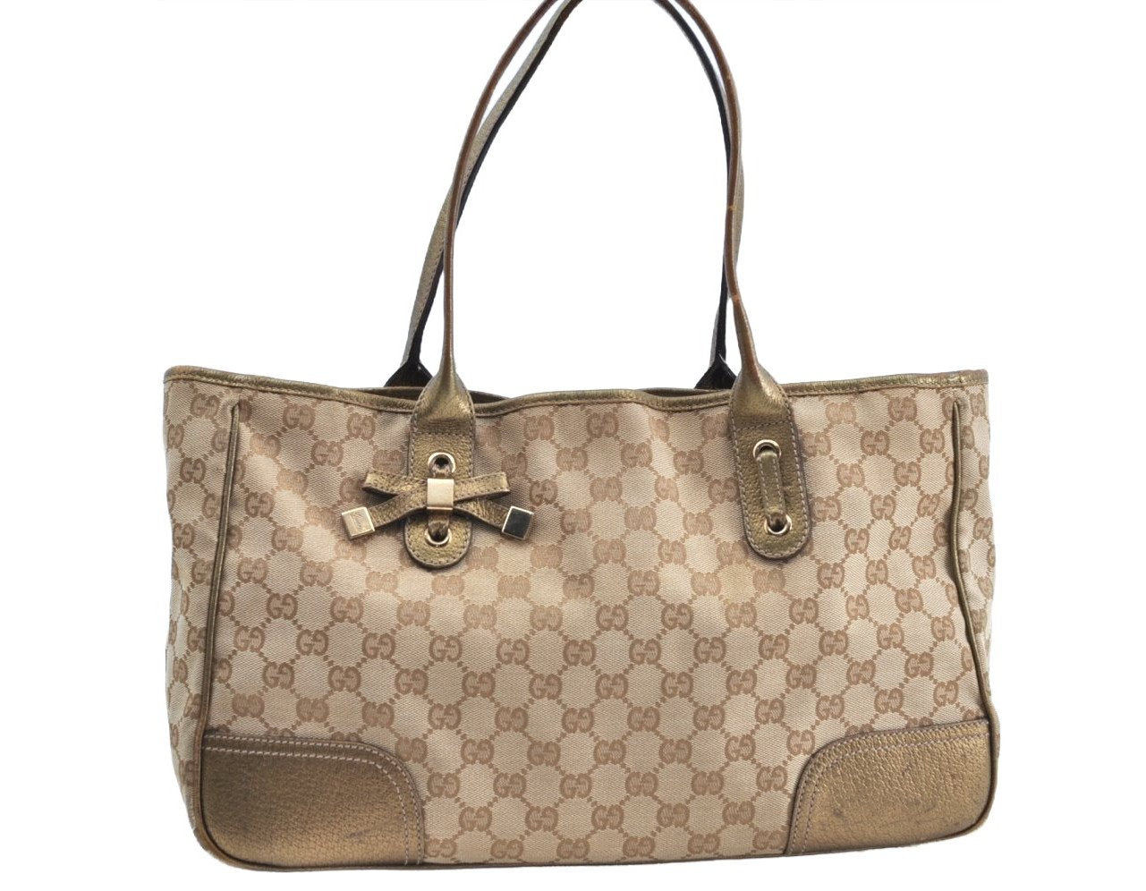 Authentic GUCCI Princy Shoulder Tote Bag GG Canvas Leather 163805 Beige 0341D