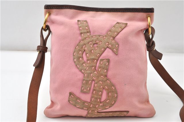 Authentic YVES SAINT LAURENT Shoulder Cross Body Bag Canvas Leather Pink 0355G