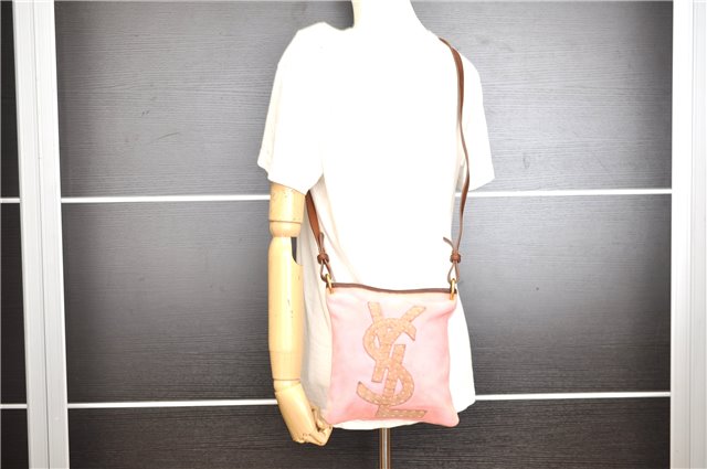 Authentic YVES SAINT LAURENT Shoulder Cross Body Bag Canvas Leather Pink 0355G