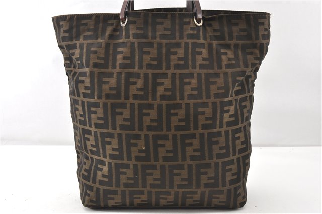 Authentic FENDI Vintage Zucca Shoulder Tote Bag Nylon Leather Brown 0356G