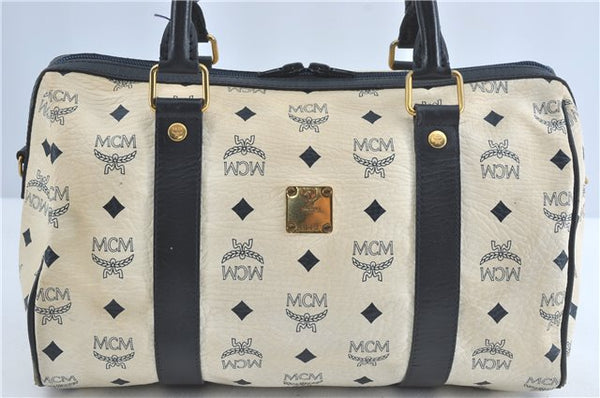 Authentic MCM Visetos Leather Vintage Hand Boston Bag Purse White Navy 0373C