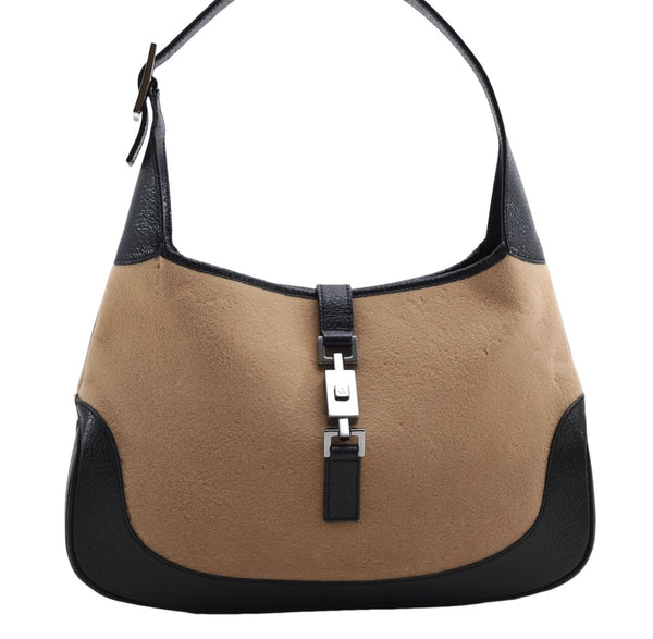 Authentic GUCCI Jackie Shoulder Hand Bag Wool Leather 0013306 Brown Black 0374E