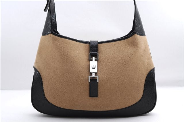 Authentic GUCCI Jackie Shoulder Hand Bag Wool Leather 0013306 Brown Black 0374E